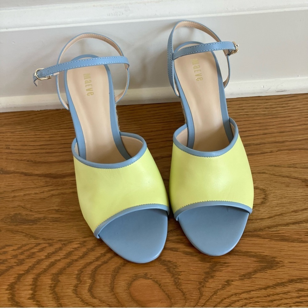 NWOB Anthropology Maeve Yellow & Blue Leather & Raffia Wedge Heel (8) - Picture 4 of 9